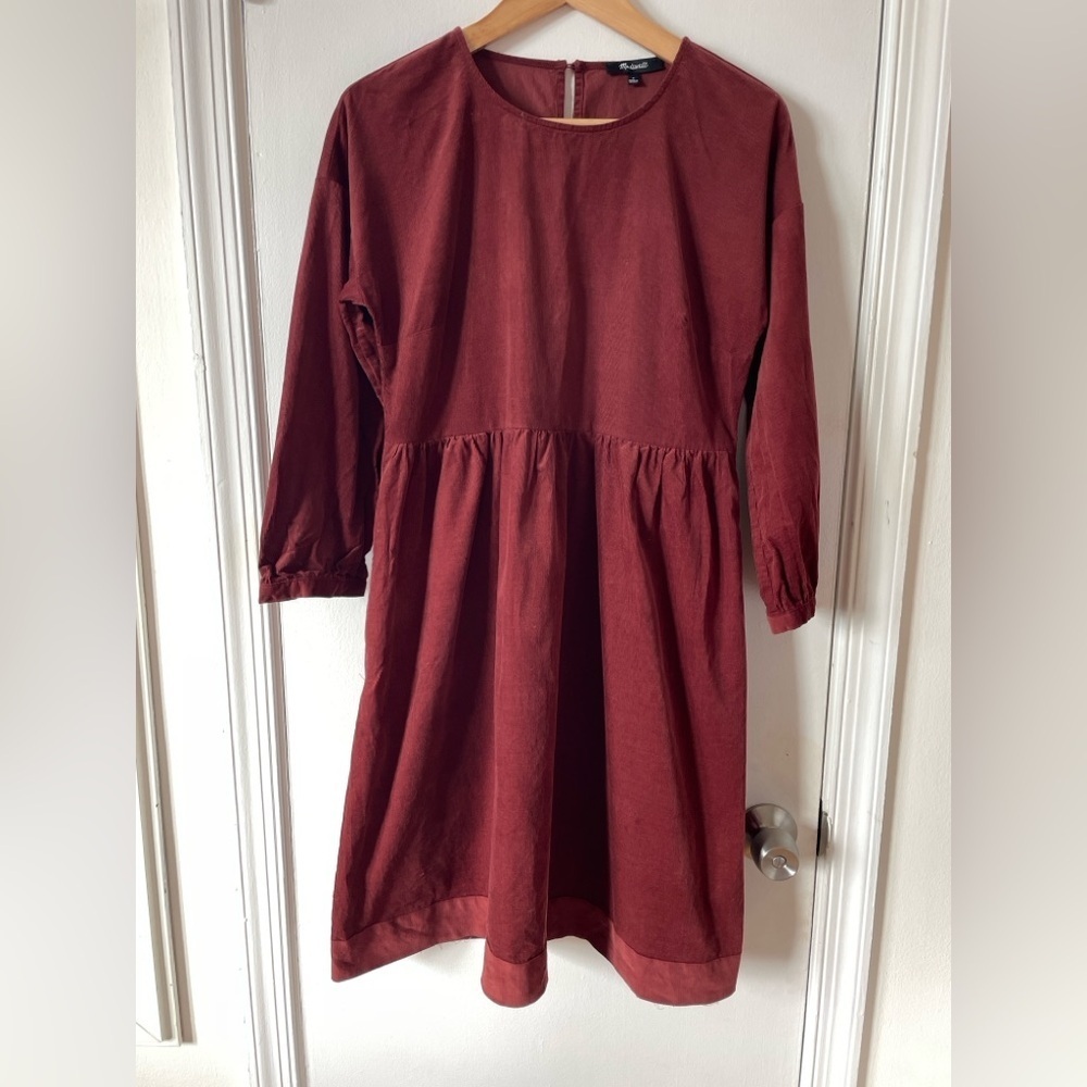 Madewell sz S Brick Red Corduroy Relaxed Mini Dress 100% Cotton Flare Skirt - Picture 2 of 6